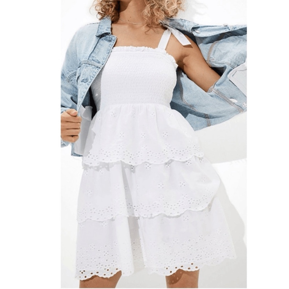 NWT AE Solid Eyelet Smocked Mini Dress in white